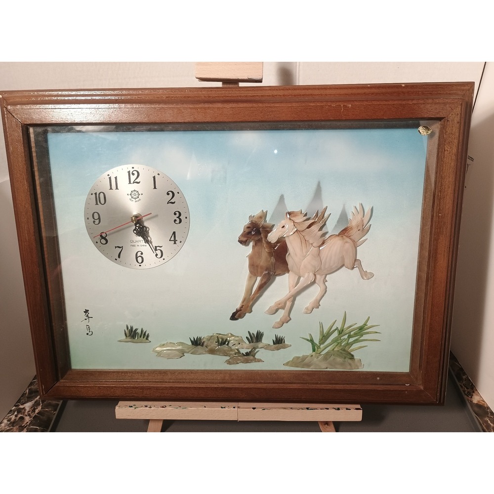 High Island Shell Art Shadow Box Clock Unisex Large Brown Good Horse Chinoiserie